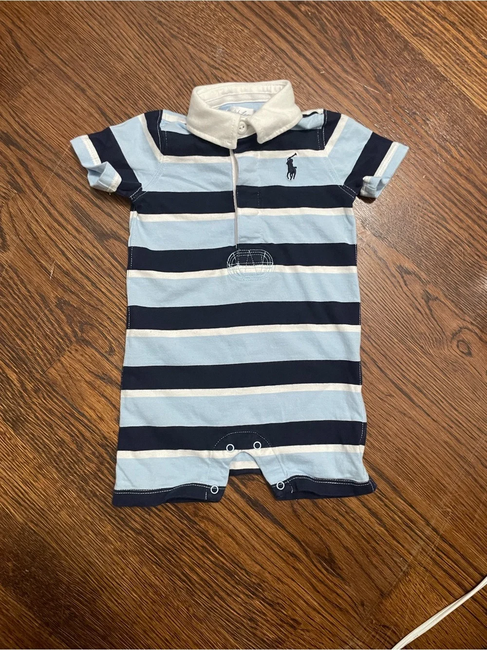 Ralph Lauren White, Light Blue & Navy Striped Polo Romper